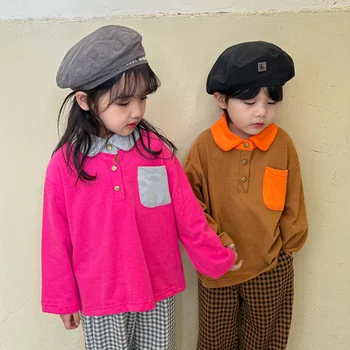 Unisesx ילדים ניגודיות צבע ארוך שרוול סוודר בנות פולו, צווארון כותנה חולצות בנים חופשי נוח Tees